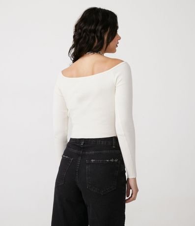 Blusa Cropped de Punto Acanalado con Escote Ombro a Ombro y Manga Larga 3
