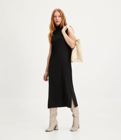 Vestido Midi en Suedine con Cuello Alto