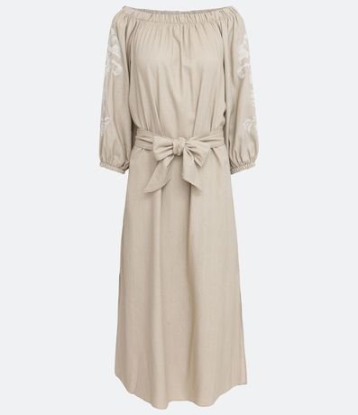 Vestido Midi en Viscolino Lazo en la Cintura y Detalles Bordados 6