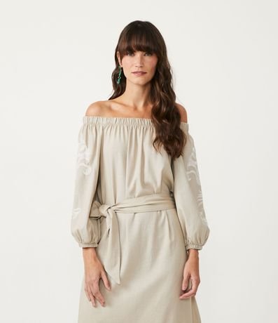 Vestido Midi en Viscolino Lazo en la Cintura y Detalles Bordados 3