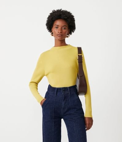 Blusa Básica en Tejido de Punto Acanalada con Cuello Alto