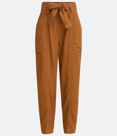 Pantalón Recto en Viscolino con Pespuntos y Cinturón 5