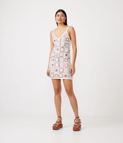 Vestido Corto de Punto Ganchillo y Cuadros Contrastantes 2