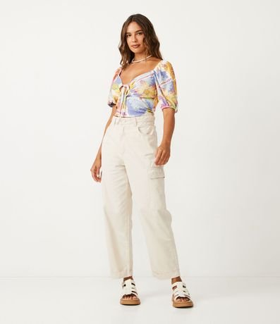 Blusa Cropped en Laise con Manga Corta con Estampado Floral 2