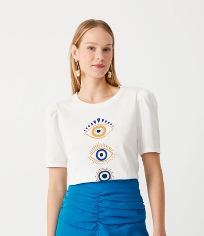 Blusa en Algodón con Manga Abullonada y Estampado Ojos Griegos 1