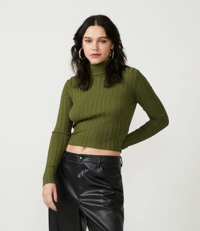 Blusa de Punto Acanalado con Cuello Alto y Manga Larga