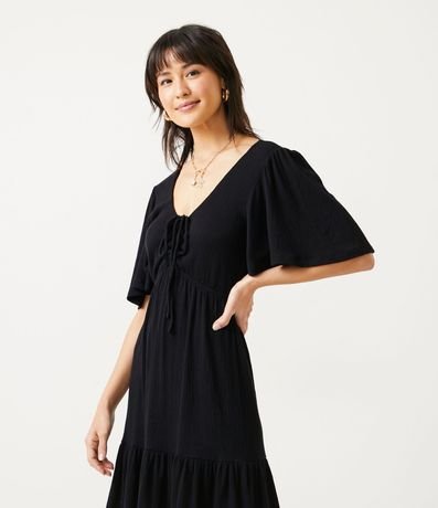 Vestido en Viscosa con Manga Corta Abullonada y Barra Fruncida 3