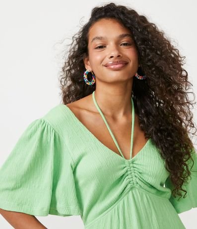 Vestido en Viscosa con Manga Corta Abullonada y Barra Fruncida 4