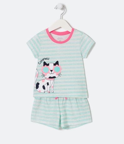 Pijama Corto Infantil Rayado con Estampado Gatito de Gafas - Talle 2 a 4 años 1