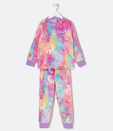 Pijama Largo Infantil en Fleece Tie Dye con Estampado de Unicórnio - Talle 2 a 10 años 1