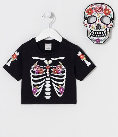 Blusa Cropped Infantil Brilla en la Oscuridad con Mascarilla y Estampado Esqueleto Floral - Talle 5 a 14 años 1