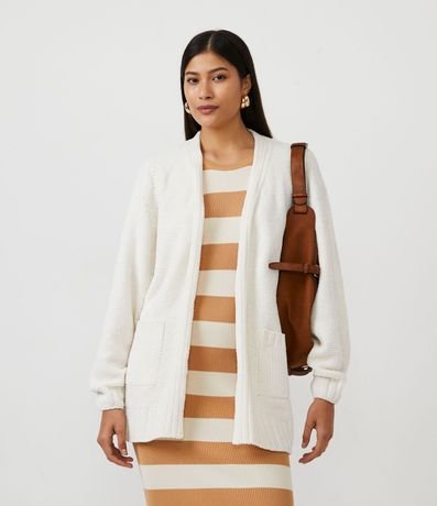 Campera Abierta AlargadA en Chenille Acanelado con Bolsillos 1