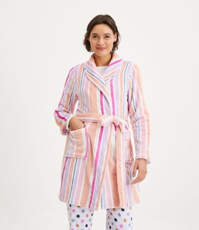 Robot Corto en Fleece con Lazo en la Cintura y Estampado Rayada