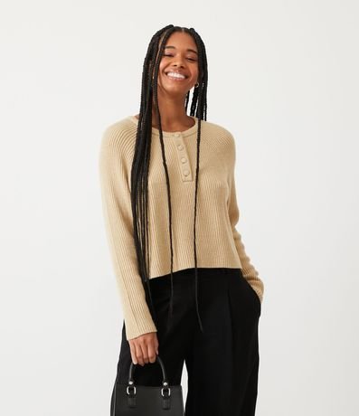 Buzo Suéter de Punto Acanalado con Botones en el Cuello