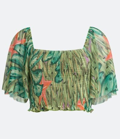Blusa Cropped en Tul con Manga Amplia y Estampado Banana 5