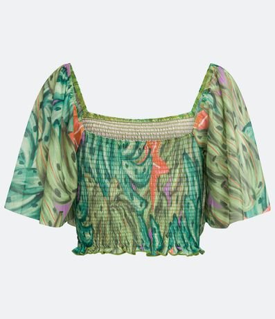 Blusa Cropped en Tul con Manga Amplia y Estampado Banana 6