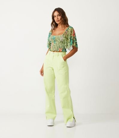 Blusa Cropped en Tul con Manga Amplia y Estampado Banana 2