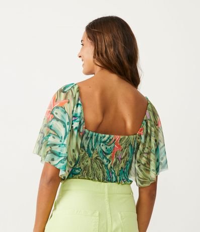 Blusa Cropped en Tul con Manga Amplia y Estampado Banana 3