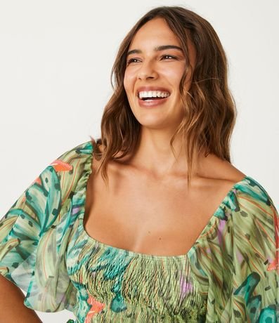 Blusa Cropped en Tul con Manga Amplia y Estampado Banana 4