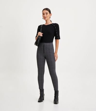 Pantalón Legging en Punto Roma con Cremallera y Estampado de Cuadros 1