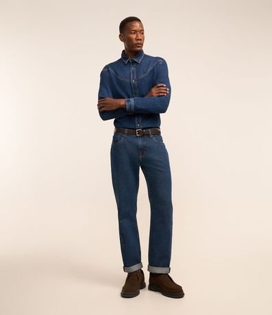 Pantalón Recto Jeans con Bolsillos y Barra Doble