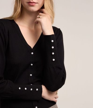 Cardigan en Punto con Manga Abullonada y Botón Perla