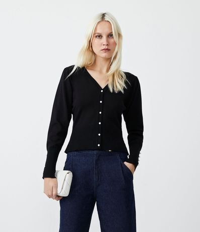 Cardigan en Punto con Manga Abullonada y Botón Perla