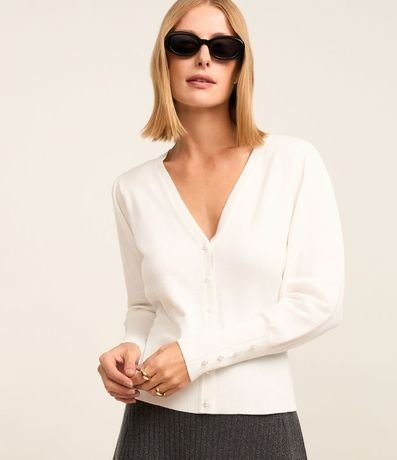 Cardigan en Punto con Manga Abullonada y Botón Perla