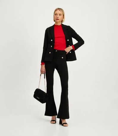 Pantalón Flare en Punto Roma con Cintura Alta y Botones de Escudo