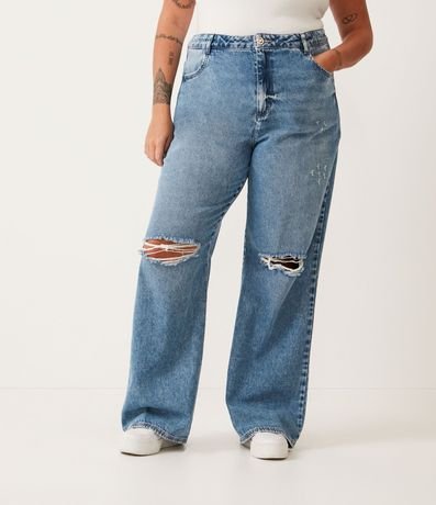 Pantalón Wide Leg Jeans con Botón de Corazón y Desgastes Curve & Plus Size 1