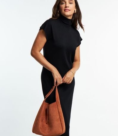 Vestido Midi en Punto con Cuello Alto y Manga Corta sin Sisa