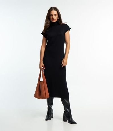 Vestido Midi en Punto con Cuello Alto y Manga Corta sin Sisa 2