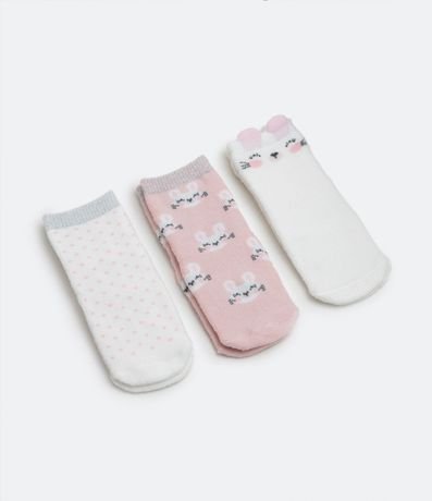 Kit 03 Pares de Medias Infantiles Estampadas de Lunares y Conejitos - Talle 0 a 18 meses 1