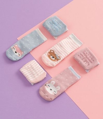Kit 03 Pares de Calcetines Infantiles Estampado Teddy Fox y Rabbit - Talla 0 a 18 meses