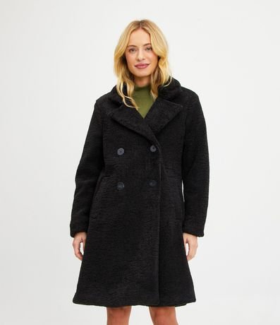 Campera Alargada en Sherpa con Bolsillos y Cierre Cruzado con Botones