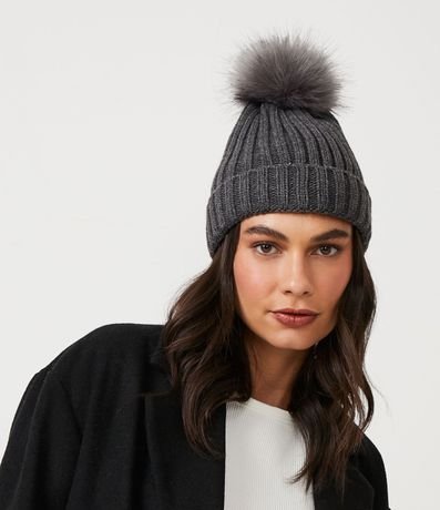 Gorro de Punto Acanalado con Pompón y Bajo Plegado