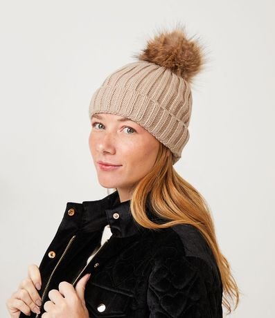 Gorro de Punto Acanalado con Pompón y Bajo Plegado