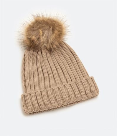 Gorro de Punto Acanalado con Pompón y Bajo Plegado