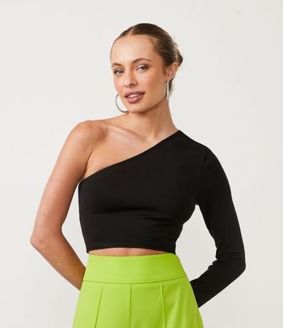 Blusa Cropped en  Punto con Hombro Solo y Manga Larga 1
