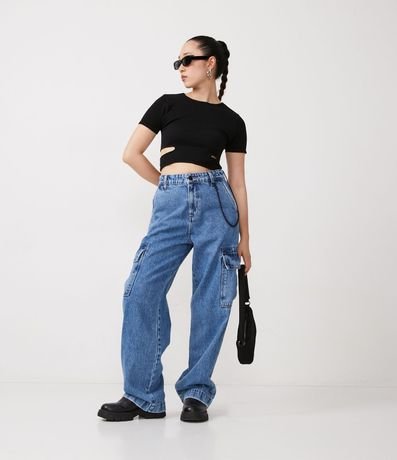 Pantalón Cargo Jeans con Cadena Lateral y Bolsillo Grande 1
