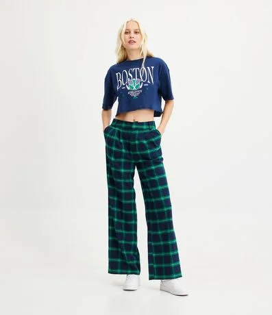 Pantalón Wide Leg Sastrería con Pliegues y Estampado de Cuadros