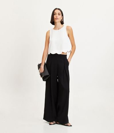 Pantalón Pantalona Cintura Alta en Crepé con Pliegues y Corazones Metalizados 1