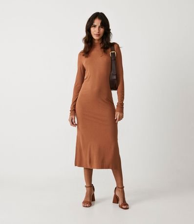 Vestido Midi en Viscosa Acanalada con Cuello Alto