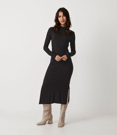 Vestido Midi en Viscosa Acanalada con Cuello Alto