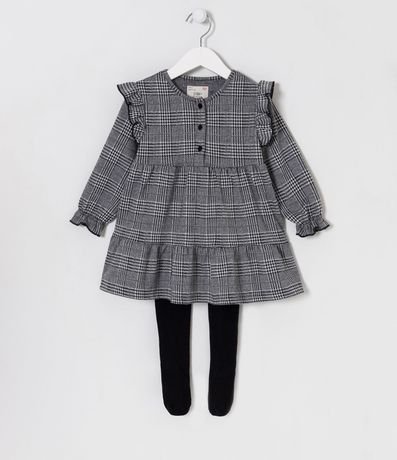 Vestido Infantil con Volados y Estampado de Cuadros Incluye Medias - Talle 2 a 5  anos