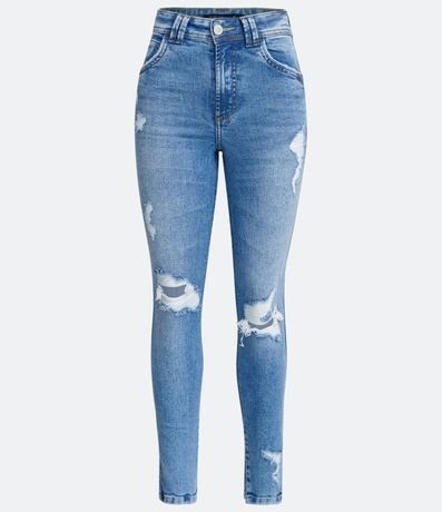 Pantalón Skinny Cintura Alta en Jeans con Rotos y Aberturas en el Dobladillo