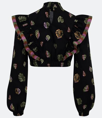 Blusa en Tricolina con Estampado de Hojas y Volado con Bordado 7