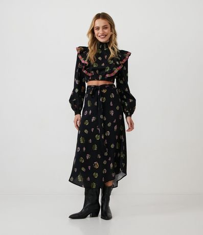 Blusa en Tricolina con Estampado de Hojas y Volado con Bordado 2