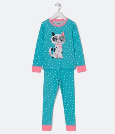 Pijama Largo Infantil Estampado de Lunares con Gatito de Gafas - Talle 2 a 14 años