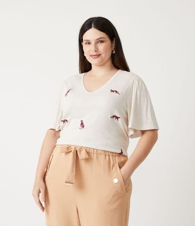 Blusa en Viscosa con Escote V Jaguares Bordados Curve & Plus Size